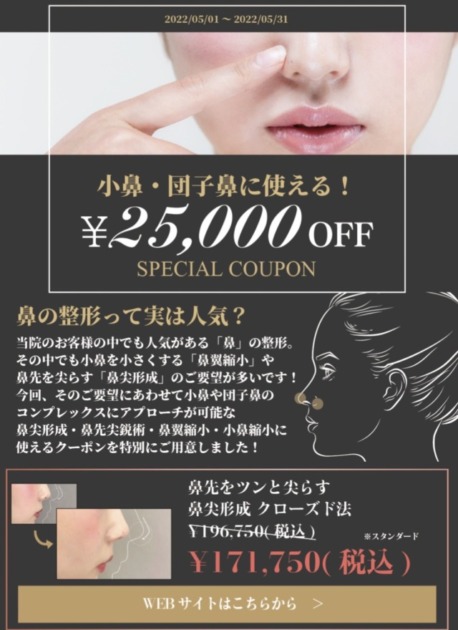 鼻整形（2万5千円割引）クーポンチケット